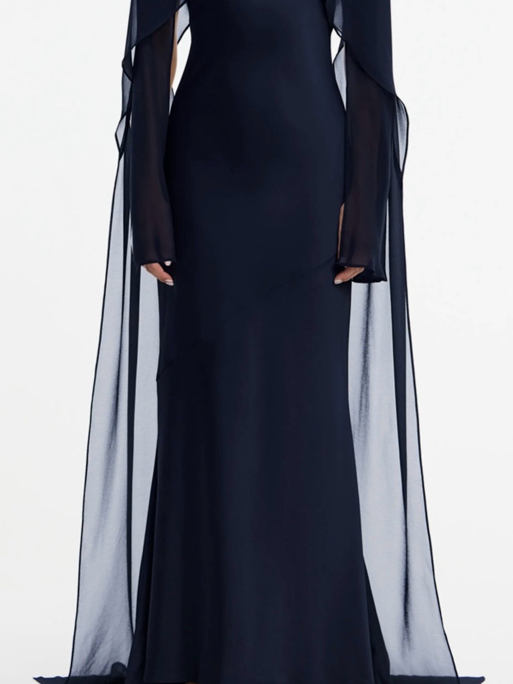 Sleek Navy Maxi Evening Dress with Sheer Draped Sleeves